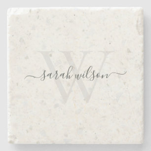 Elegantes Script Terrazzo Stone Ivory Gray Monogra Steinuntersetzer