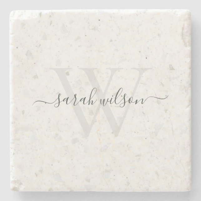 Elegantes Script Terrazzo Stone Ivory Gray Monogra Steinuntersetzer (Vorderseite)