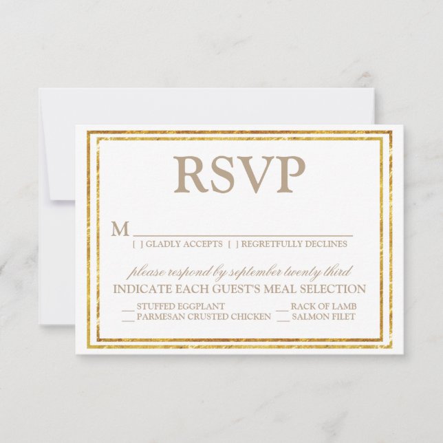 Elegantes Script und Gold Border Wedding RSVP (Vorderseite)