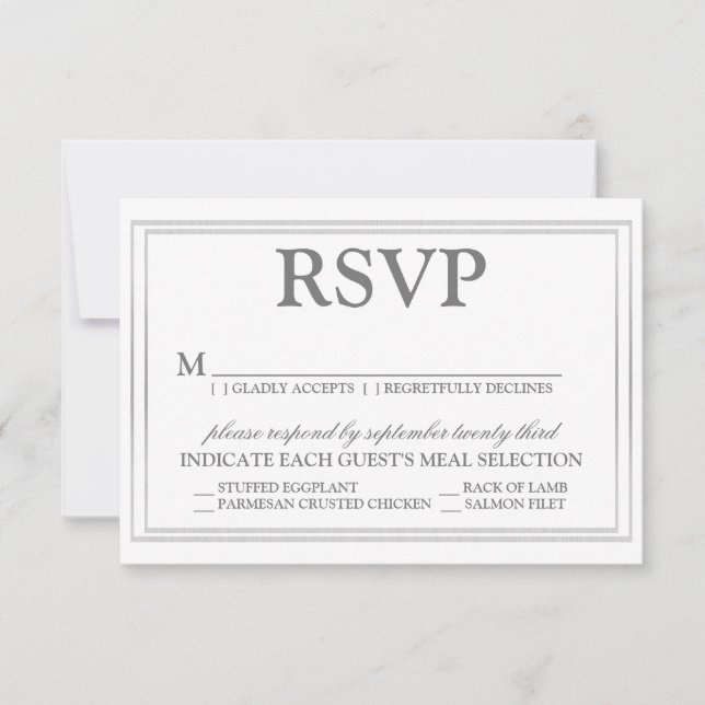 Elegantes Script und Silver Border Wedding RSVP Karte (Vorderseite)