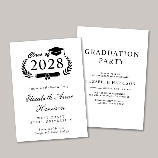 Elegantes Script-Uni-Abschluss-Party Einladung (An elegant college graduation party invitation to celebrate the graduate's achievements)