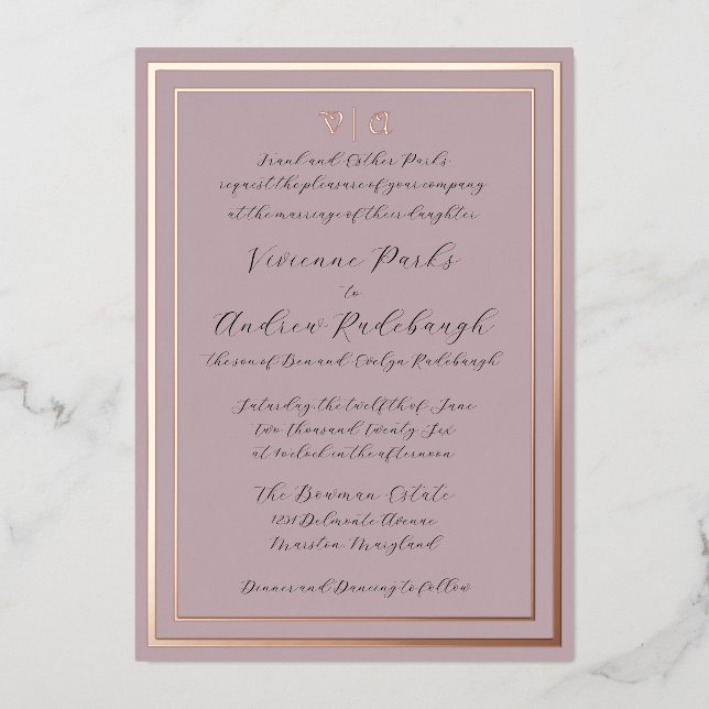 Elegantes Script verbrannt Lavender Folieneinladung (Vorderseite)