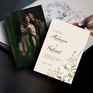 Elegantes Script Watercolor Floral Wedding Foto Einladung