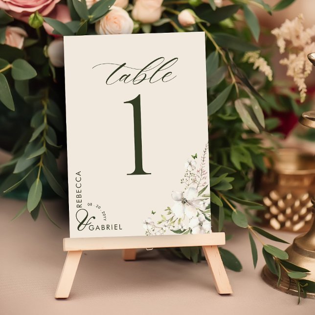 Elegantes Script Watercolor Floral Wedding Foto Tischnummer (Von Creator hochgeladen)