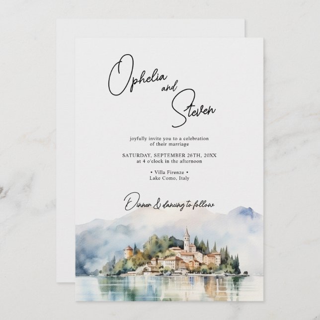 Elegantes Script Watercolor Lake Como Italien Hoch Einladung (Vorne/Hinten)