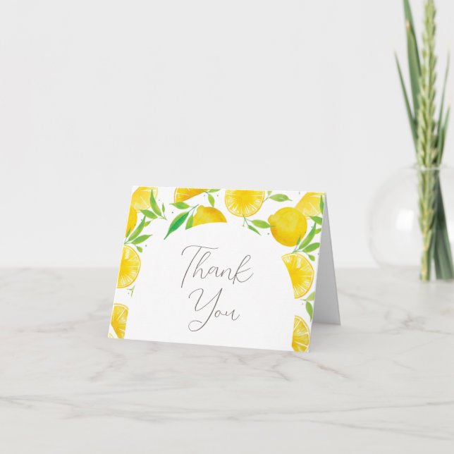 Elegantes Script Watercolor Lemon Baby Shower Dankeskarte (Vorderseite)