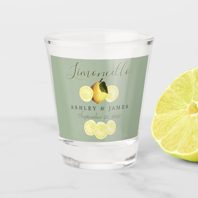 Elegantes Script Watercolor Lemon Wedding Limoncel Schnapsglas (Vorderseite)