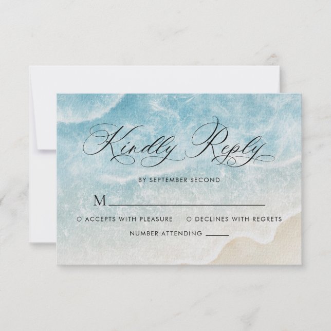 Elegantes Script Watercolor Ocean Beach Hochzeit RSVP Karte (Vorderseite)