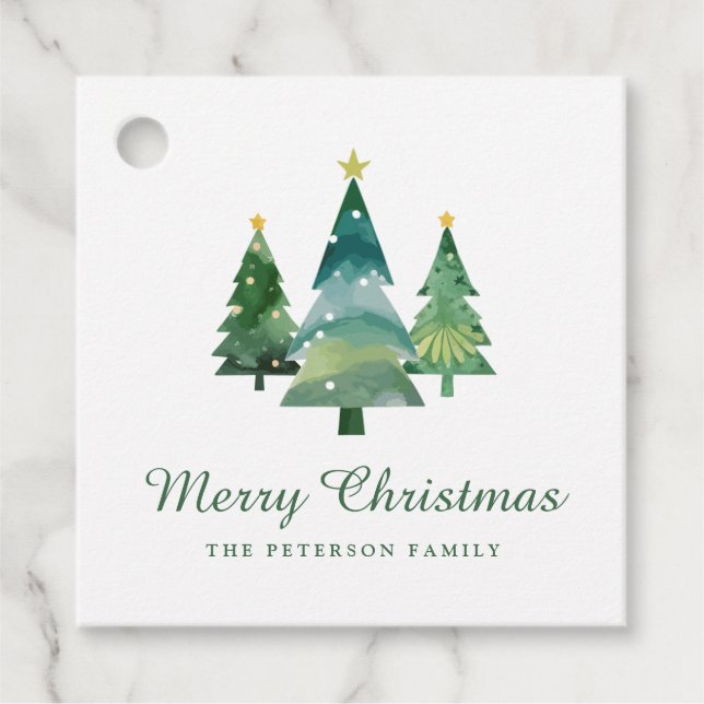 Elegantes Script Watercolor Weihnachtsbaumen Geschenkanhänger (Vorderseite)