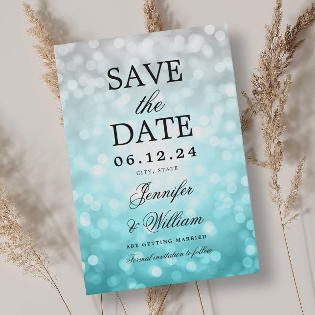 Elegantes Script Wedding Beach Bokeh Lights Save The Date (Elegant Script Wedding Beach Bokeh Lights Save The Date)