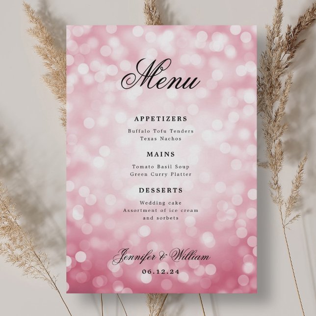 Elegantes Script Wedding Blush Pink Bokeh Lights Menükarte (Elegant Script Wedding Blush Pink Bokeh Lights Menu)