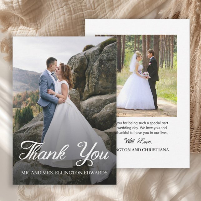Elegantes Script Wedding Danke Ihnen 2 Foto (Elegant script 2-photo (front and back) wedding Thank You card)