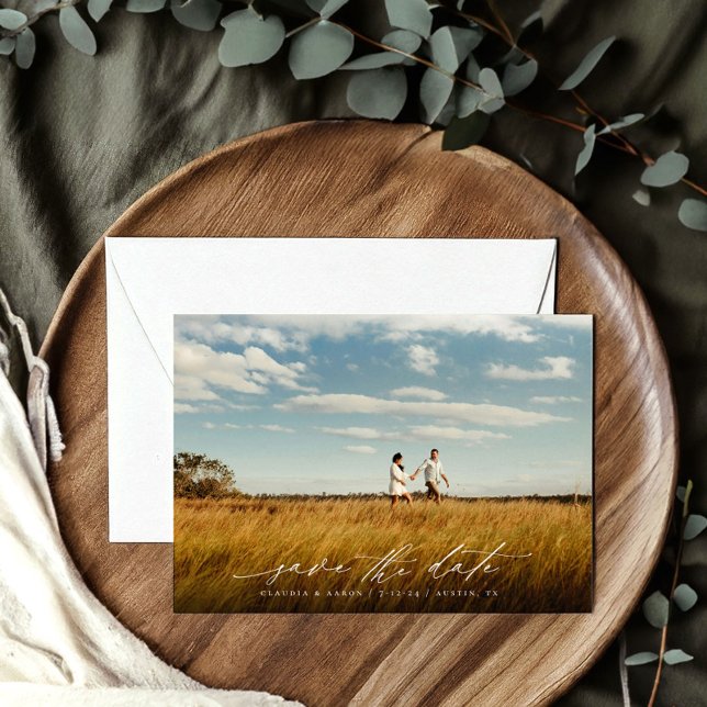 Elegantes Script Wedding Foto Save the Date (Elegant Script wedding Save the dates. Photo overlay save the date card)