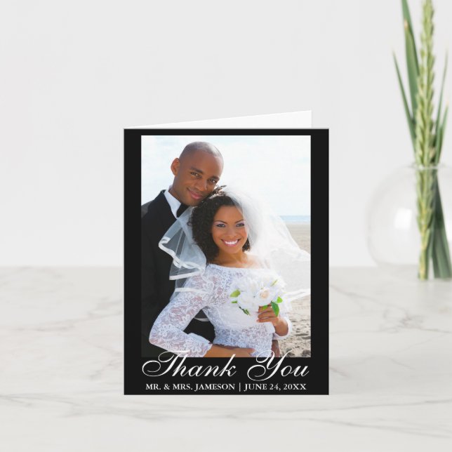 Elegantes Script Wedding Foto Vielen Dank Dankeskarte (Vorderseite)