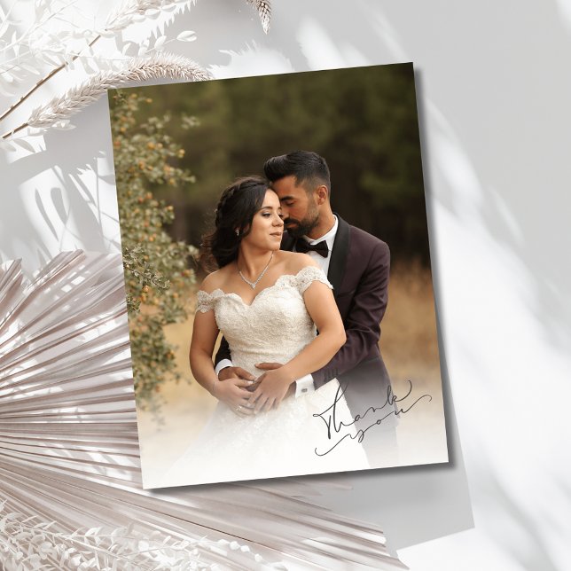 Elegantes Script Wedding Foto Vielen Dank Postkarte (Elegant Script Wedding Photo Thank You Postcard)