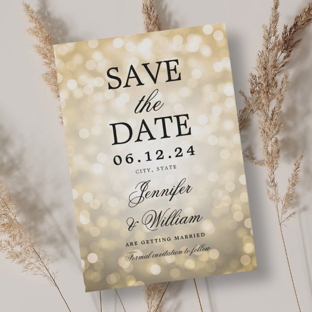Elegantes Script Wedding Gold Bokeh Lights Save The Date (Elegant Script Wedding Gold Bokeh Lights Save The Date)