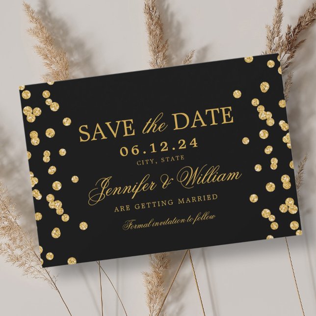 Elegantes Script Wedding Gold Confetti Black Save The Date (Von Creator hochgeladen)