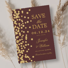 Elegantes Script Wedding Gold Confetti Burgundy Save The Date