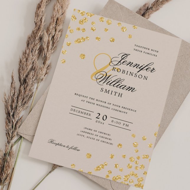 Elegantes Script Wedding Gold Confetti Champagne Einladung (Elegant Script Wedding Gold Confetti Champagne Invitation)