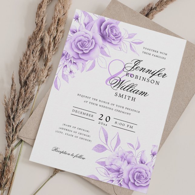 Elegantes Script Wedding Lila Floral w/QR UAWG Einladung (Elegant Script Wedding Purple Floral w/ QR RSVP Invitation)