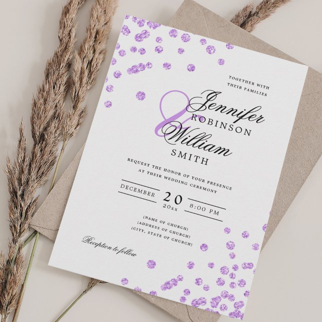Elegantes Script Wedding Lila Glitzer Confetti Einladung (Elegant Script Wedding Purple Glitter Confetti Invitation)