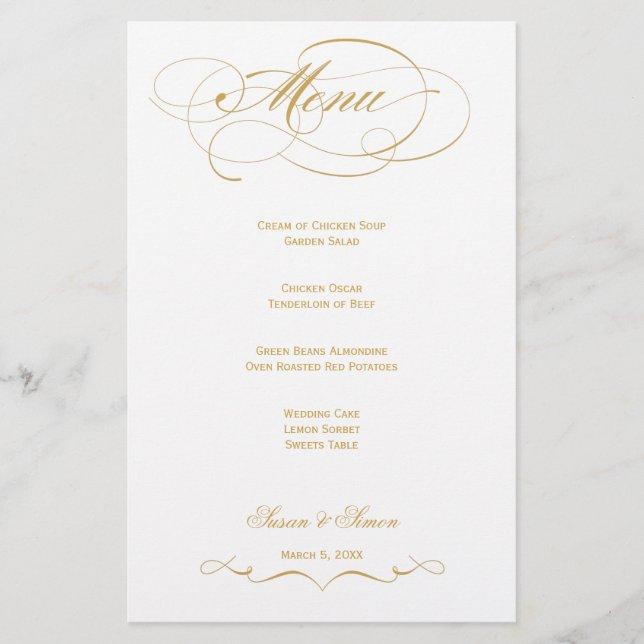Elegantes Script Wedding Menu - Gold (Vorderseite)