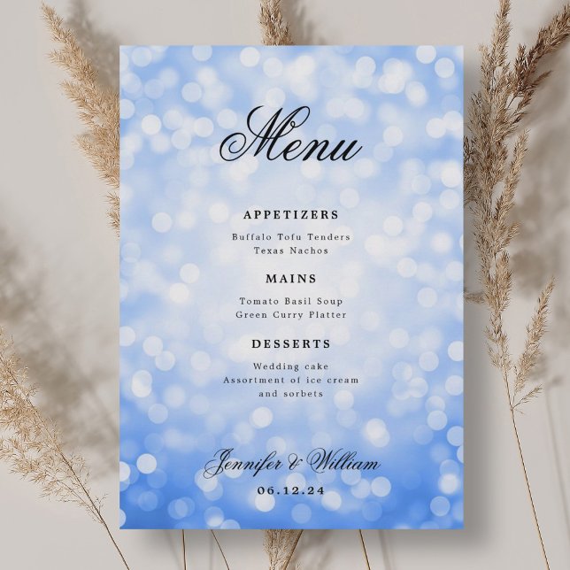Elegantes Script Wedding Navy Blue Bokeh Lights Menükarte (Elegant Script Wedding Navy Blue Bokeh Lights Menu)