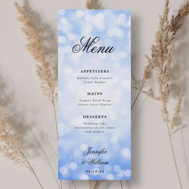 Elegantes Script Wedding Navy Blue Bokeh Lights Menükarte (Elegant Script Wedding Navy Blue Bokeh Lights Menu)