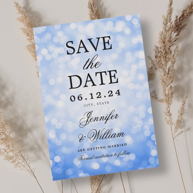 Elegantes Script Wedding Navy Blue Bokeh Lights Save The Date (Elegant Script Wedding Navy Blue Bokeh Lights Save The Date)