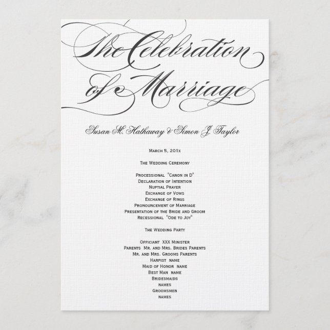 Elegantes Script Wedding Program - Black Programm (Vorderseite)