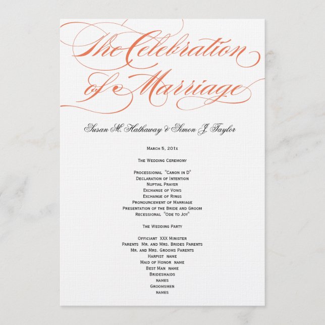 Elegantes Script Wedding Program - Orange Programm (Vorderseite)