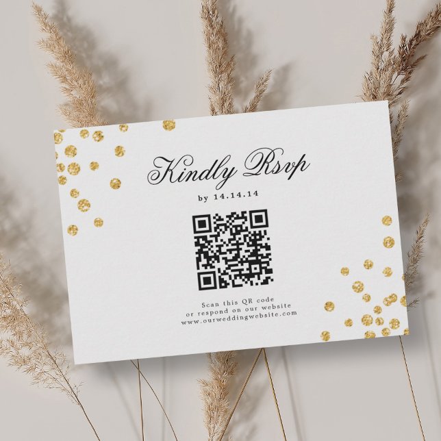 Elegantes Script Wedding QR UAWG Gold Confetti RSVP Karte (Elegant Script Wedding QR RSVP Gold Confetti )