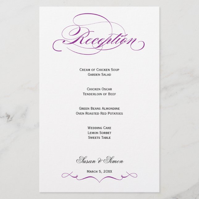 Elegantes Script Wedding Reception Menu - Lila (Vorderseite)