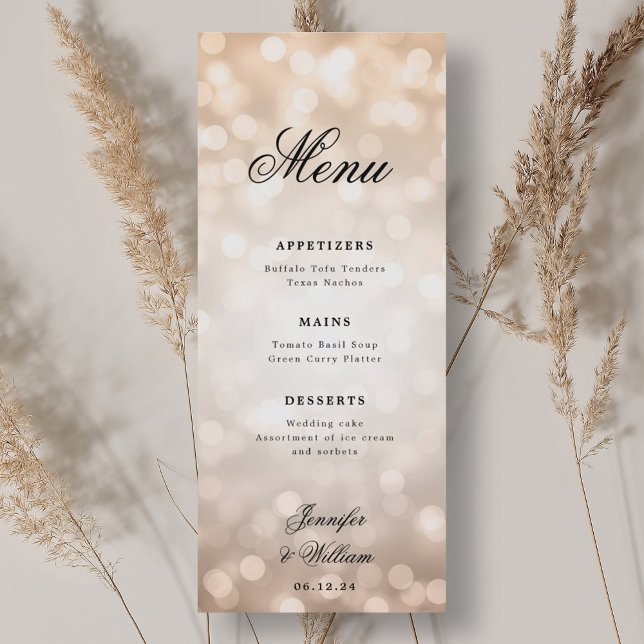 Elegantes Script Wedding Rose Gold Bokeh Lights Menükarte (Elegant Script Wedding Rose Gold Bokeh Lights Menu)