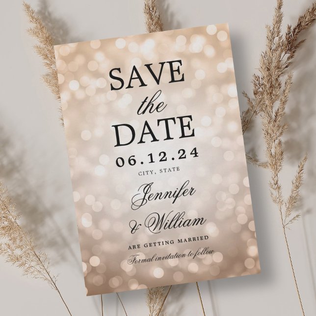 Elegantes Script Wedding Rose Gold Bokeh Lights Save The Date (Elegant Script Wedding Rose Gold Bokeh Lights Save The Date)