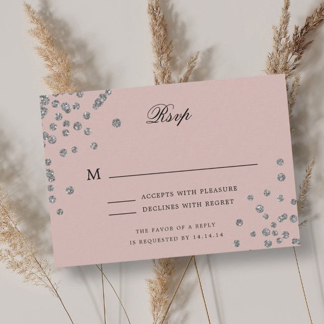 Elegantes Script Wedding RSVP Silver Confetti Blus (Elegant Script Wedding RSVP Silver Confetti Blush)