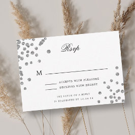 Elegantes Script Wedding RSVP Silver Confetti Karte