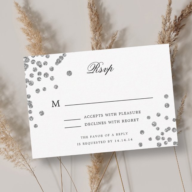 Elegantes Script Wedding RSVP Silver Confetti Lila Karte (Elegant Script Wedding RSVP Silver Confetti Purple)