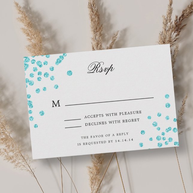 Elegantes Script Wedding RSVP Türkis Confetti Karte (Elegant Script Wedding RSVP Turquoise Confetti)