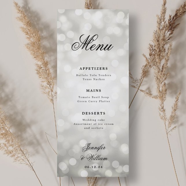 Elegantes Script Wedding Silver Bokeh Lights Menükarte (Elegant Script Wedding Silver Bokeh Lights Menu)