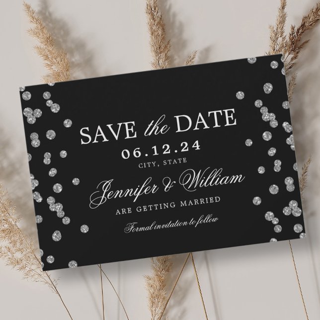 Elegantes Script Wedding Silver Confetti Black Save The Date (Elegant Script Wedding Silver Confetti Black Save The Date)