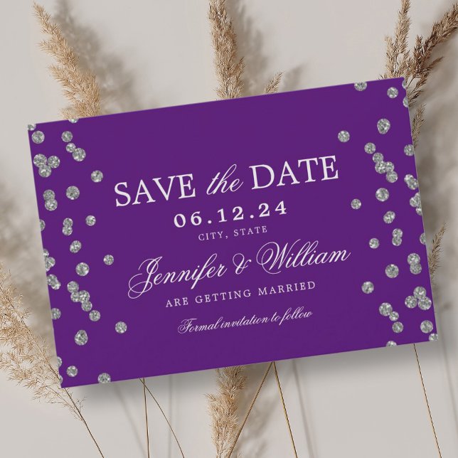 Elegantes Script Wedding Silver Confetti Lila Save The Date (Elegant Script Wedding Silver Confetti Purple Save The Date)
