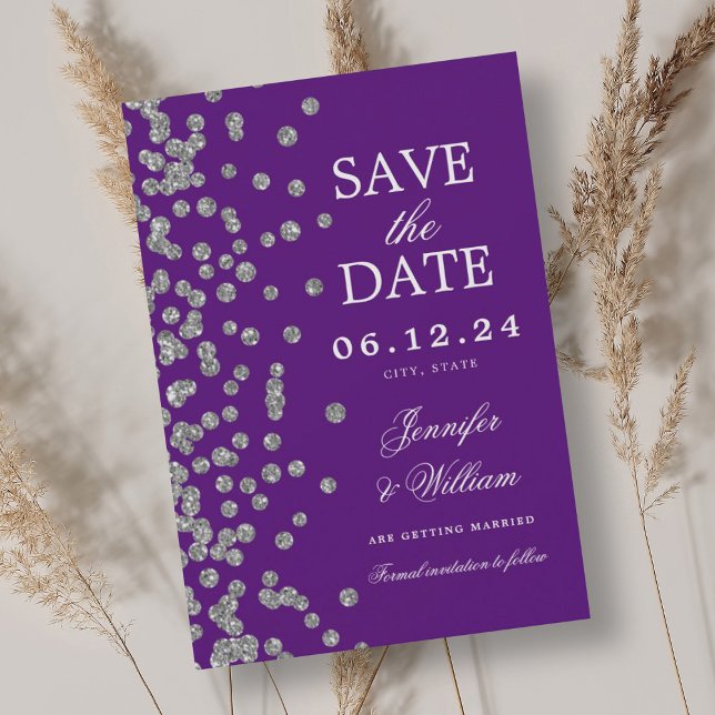 Elegantes Script Wedding Silver Confetti Lila Save The Date (Elegant Script Wedding Silver Confetti Purple Save The Date)