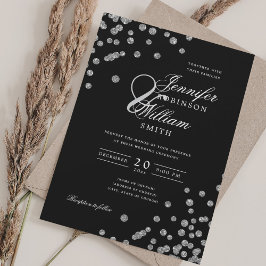 Elegantes Script Wedding Silver Confetti QR Black Einladung