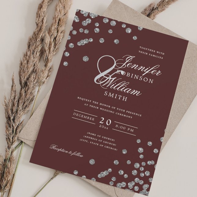 Elegantes Script Wedding Silver Confetti QR Burgun Einladung (Elegant Script Wedding Silver Confetti QR Burgundy Invitation)