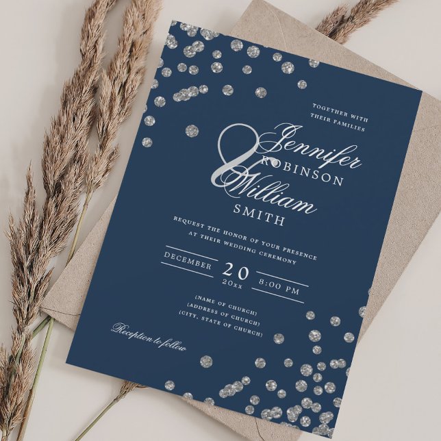 Elegantes Script Wedding Silver Confetti QR Navy Einladung (Elegant Script Wedding Silver Confetti QR Navy Invitation)