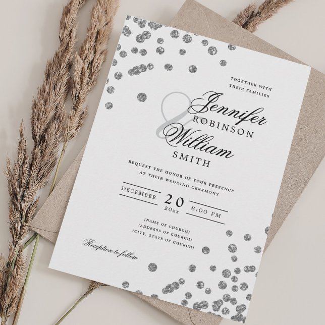 Elegantes Script Wedding Silver Confetti QR UAWG Einladung (Elegant Script Wedding Silver Confetti QR RSVP Invitation)