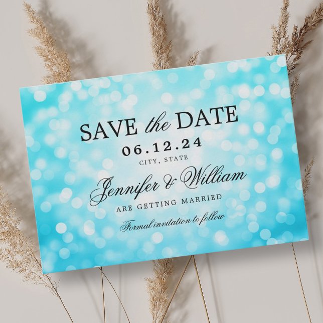 Elegantes Script Wedding Türkise Bokeh Lights Save The Date (Elegant Script Wedding Turquoise Bokeh Lights Save The Date)