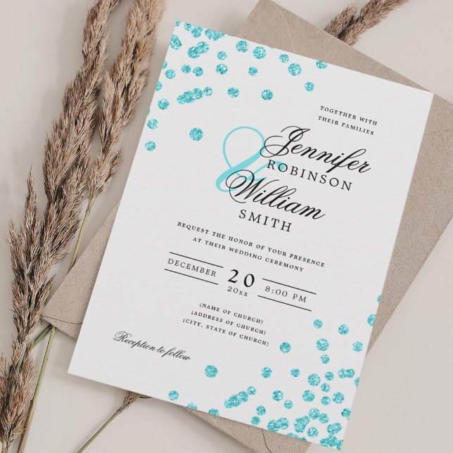 Elegantes Script Wedding Türkise Confetti QR UAWG Einladung (Elegant Script Wedding Turquoise Confetti QR RSVP Invitation)