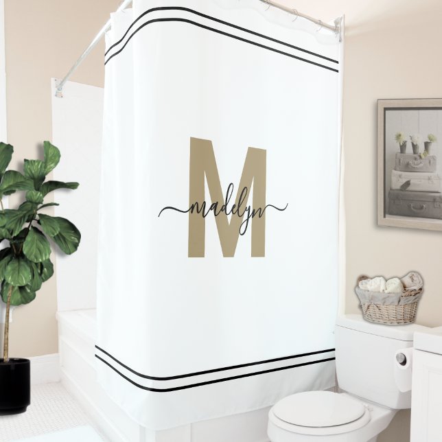 Elegantes Script White Gold Monogram Name Feminine Duschvorhang (Elegant Script White Gold Monogram Name Feminine Shower Curtain)